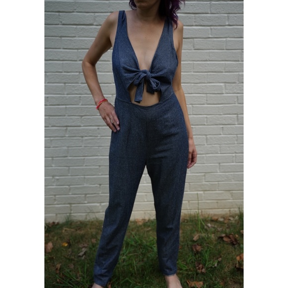 Solid and Striped Chambray Jumpsuit Romper - Picture 1 of 5